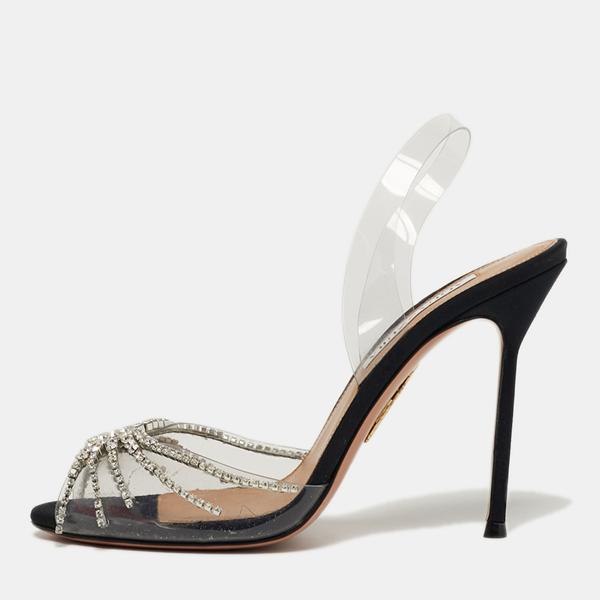 

Aquazzura Sunshine Size  Transparent PVC Crystal Embellished Peep Toe Slingback Pumps
