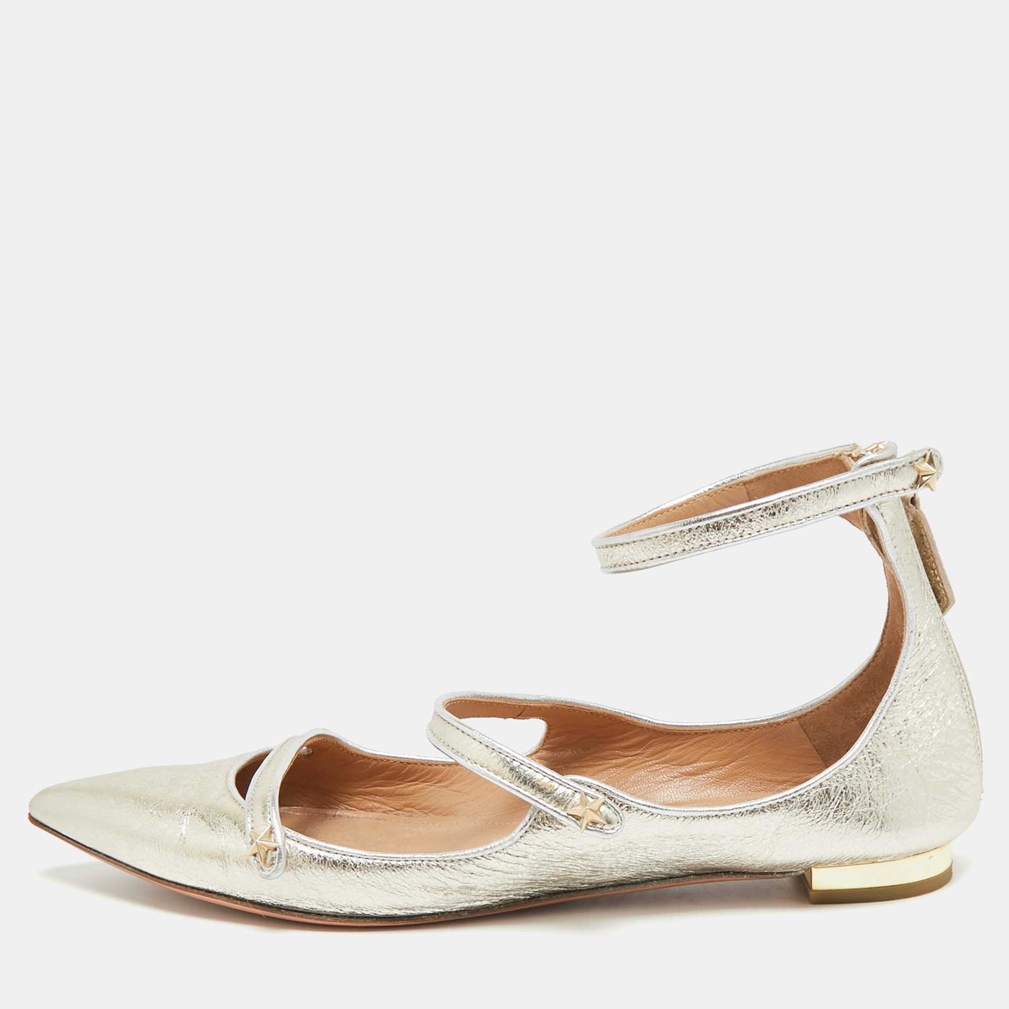 

Aquazzura Sunny Star Size  Silver Metallic Leather Ankle Strap Ballet Flats
