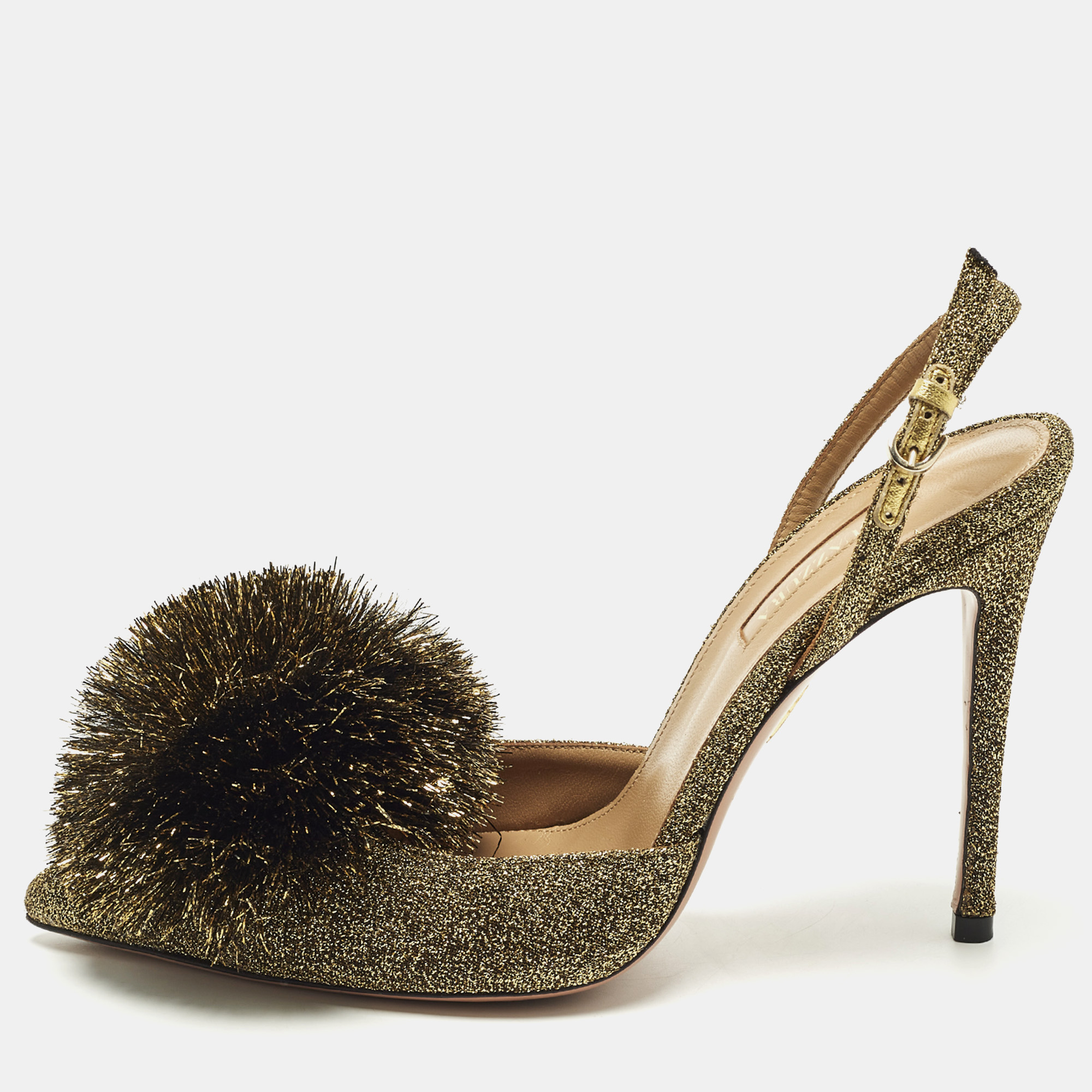 

Aquazzura Powder Puff Size  Gold Lurex Fabric Slingback Pumps
