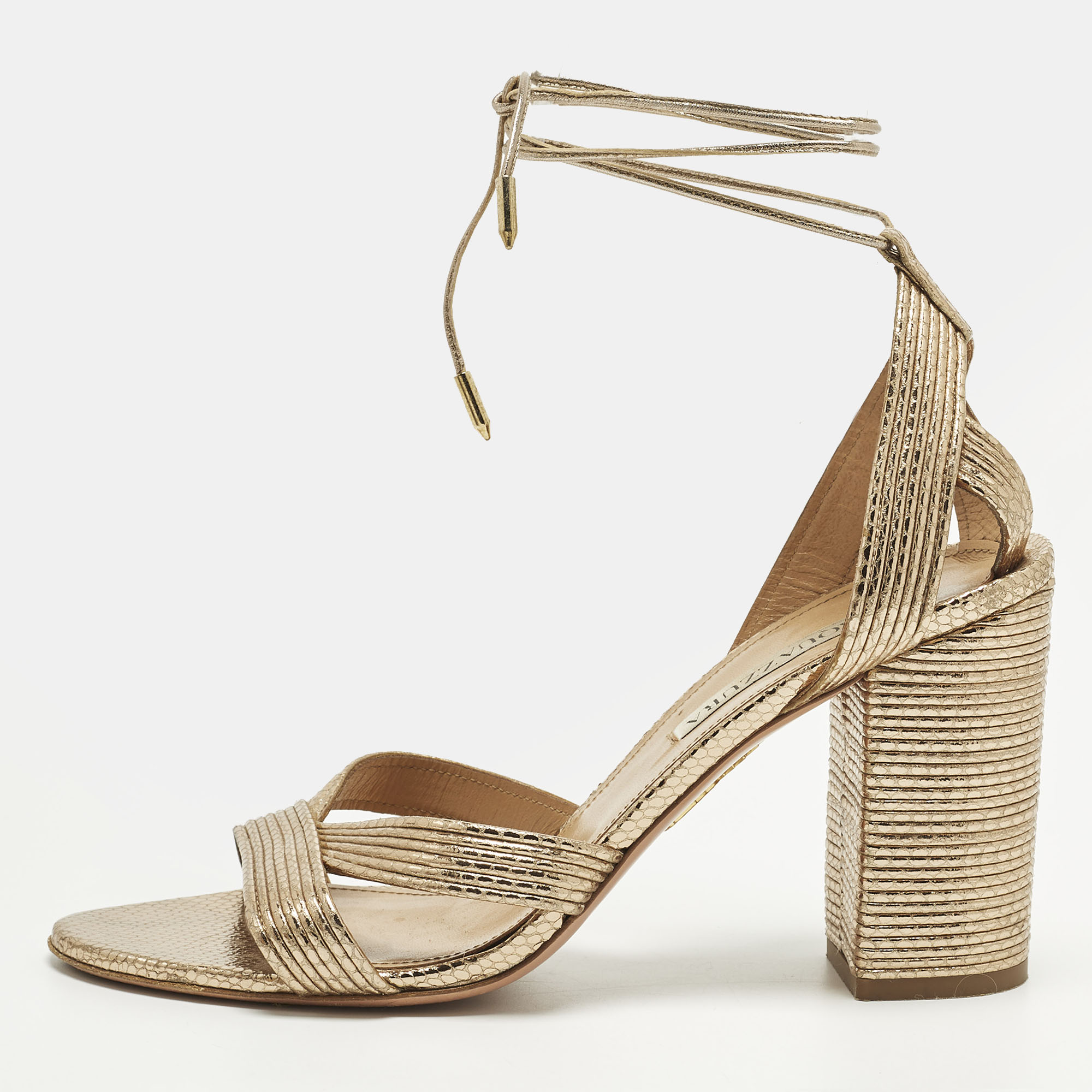 

Aquazzura Bow Tie Size  Gold Snakeskin Embossed Leather Ankle Strap Sandals
