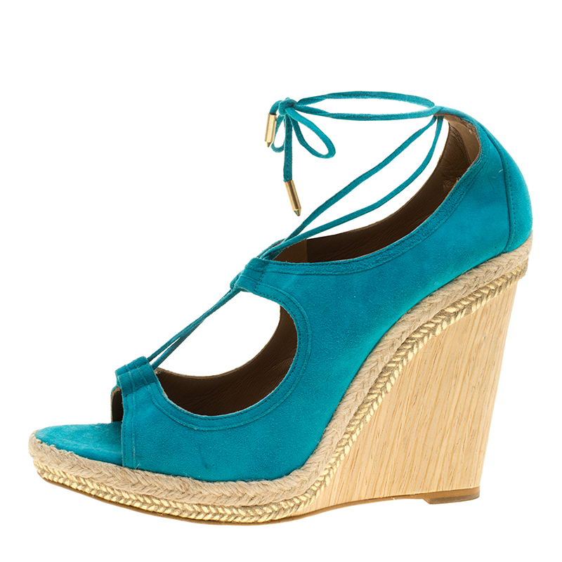 

Aquazzura Turquoise Blue Suede Christie Wedge Espadrille Lace Up Open Toe Sandals Size