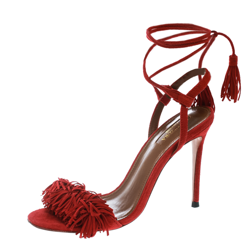 Aquazzura Red Fringed Suede Wild Thing Ankle Wrap Sandals Size 38.5