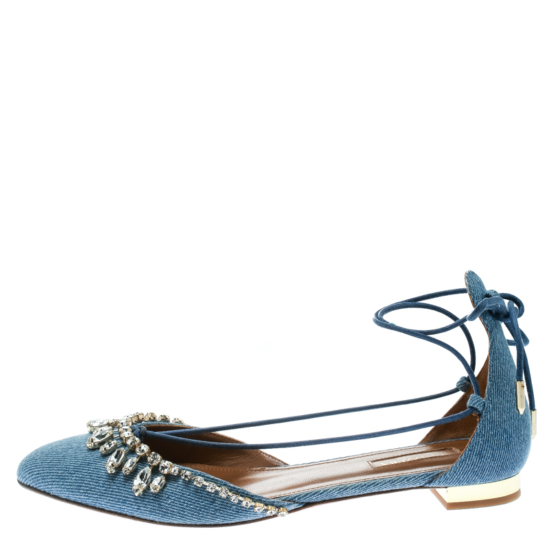 

Aquazzura Blue Light Wash Denim Alexa Crystal Embellished Ankle Tie D'orsay Flats Size