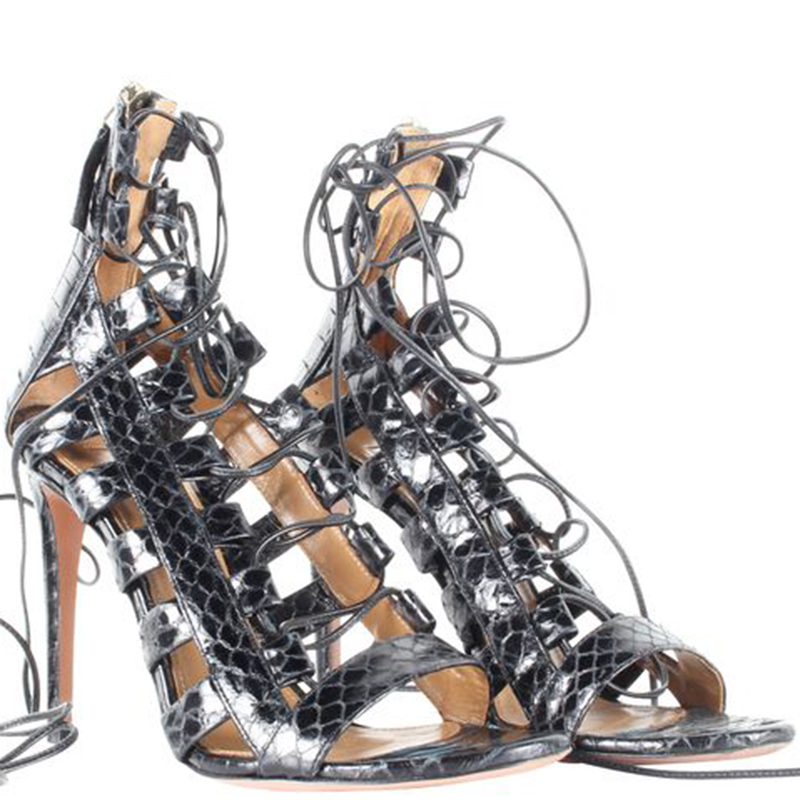 

Aquazzura Black Python Lace Up Cage Sandals Size