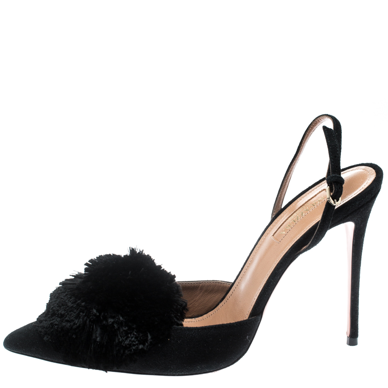 

Aquazzura Black Suede Powder Puff Pointed Toe Slingback Sandals Size