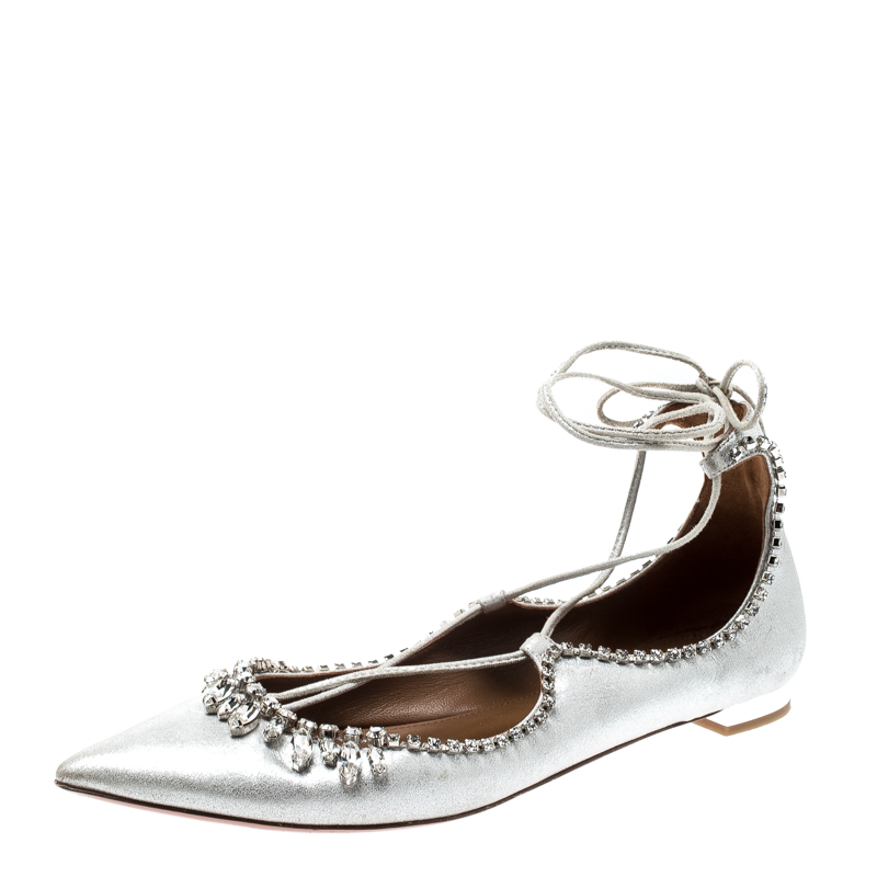 Aquazzura Metallic Silver Suede Crystal Embellished Pointed Toe Ballet Flats Size 39