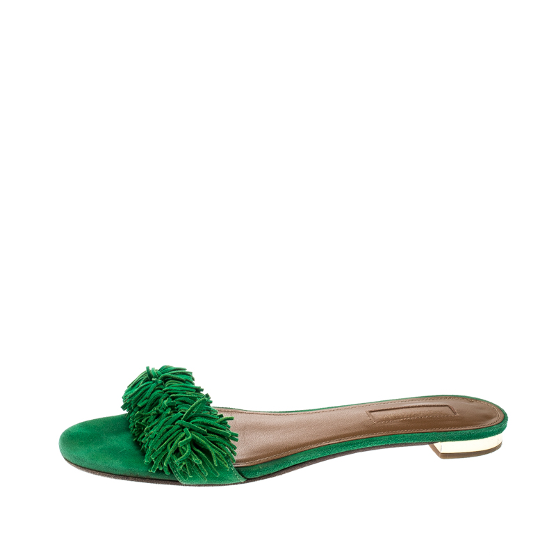 

Aquazzura Green Suede Wild Thing Fringe Trimmed Flat Slides Size