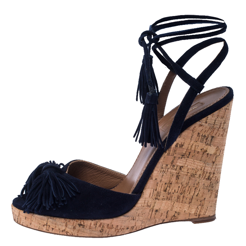 

Aquazzura Blue Suede Fringe Cork Wedges Platform Ankle Wrap Sandals Size