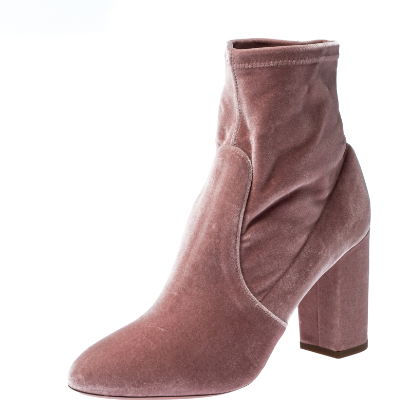 Pre Owned Aquazzura Light Pink Velvet Brooklyn Ankle Boots Size 41