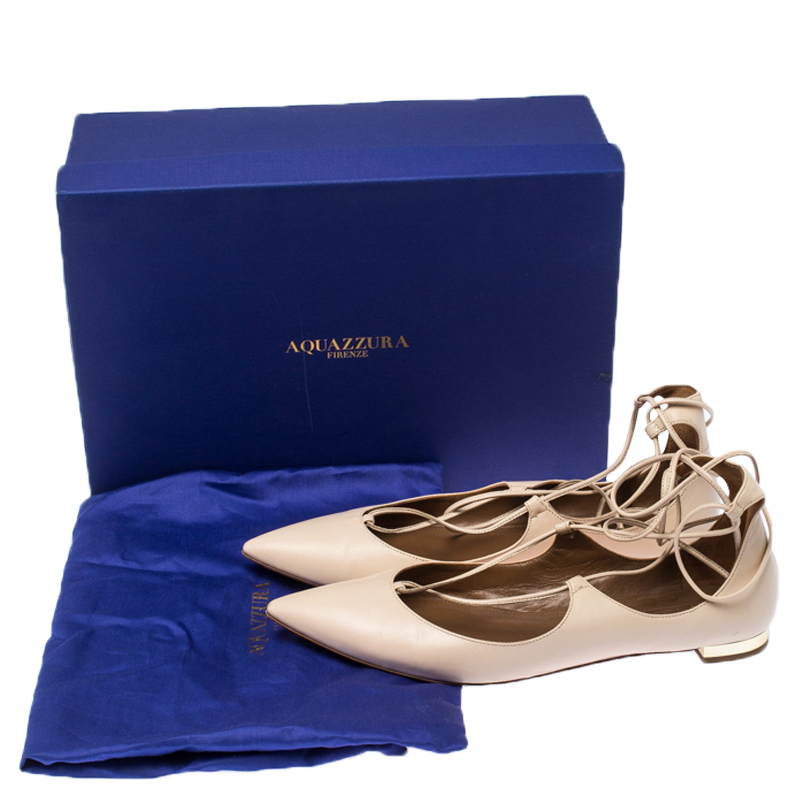Pre-owned Aquazzura Beige Leather Christie Ankle Wrap Pointed Toe Flats Size 37