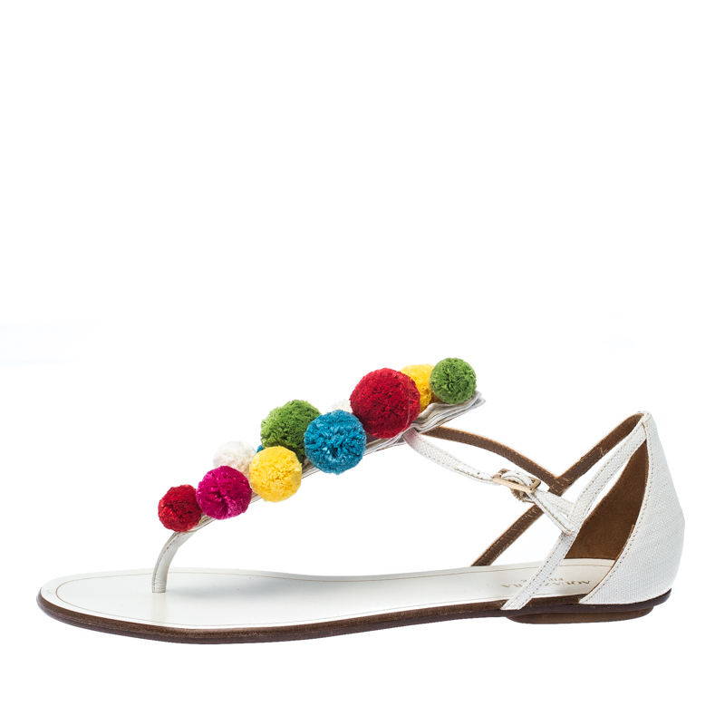 

Aquazzura White Leather Pom Pom Flat Sandals Size