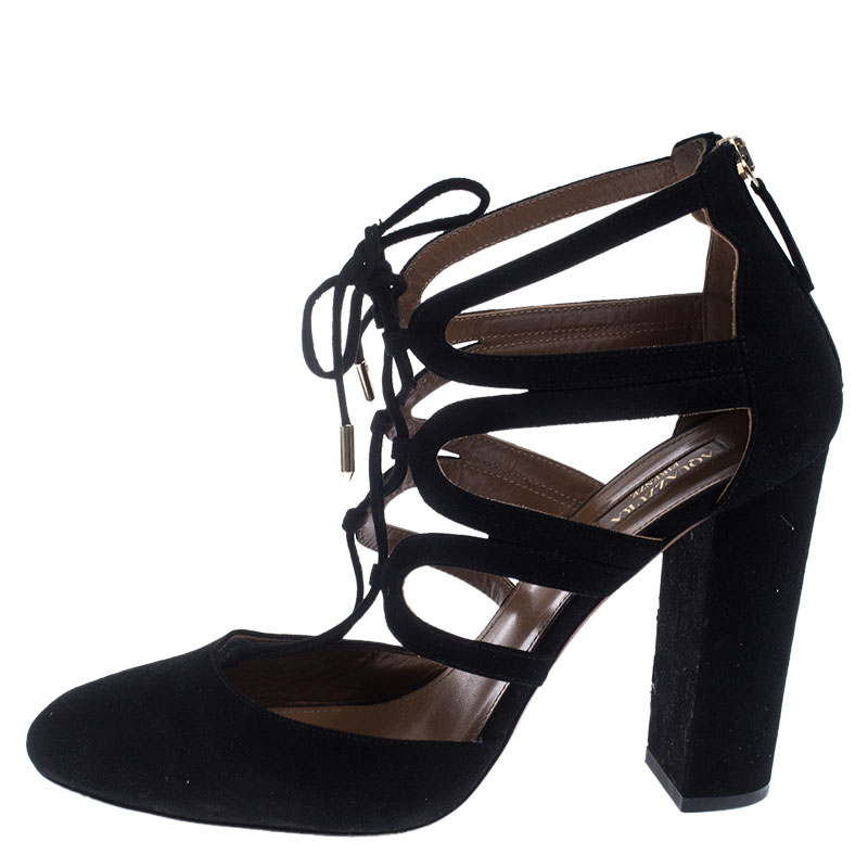 

Aquazzura Black Suede Holli Curvy-Caged Pumps Size