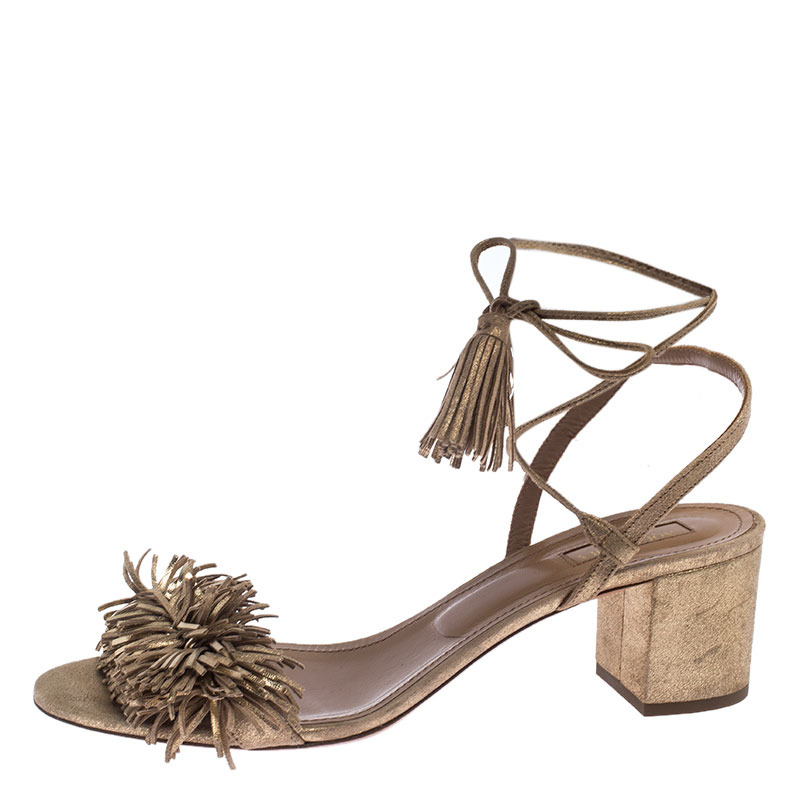 

Aquazzura Gold Suede Wild Thing Block Heel Sandals Size