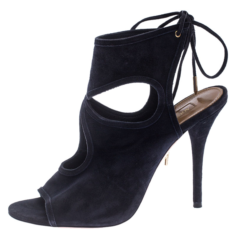 

Aquazzura Black Suede Leather Sexy Thing Cutout Ankle Wrap Sandals Size
