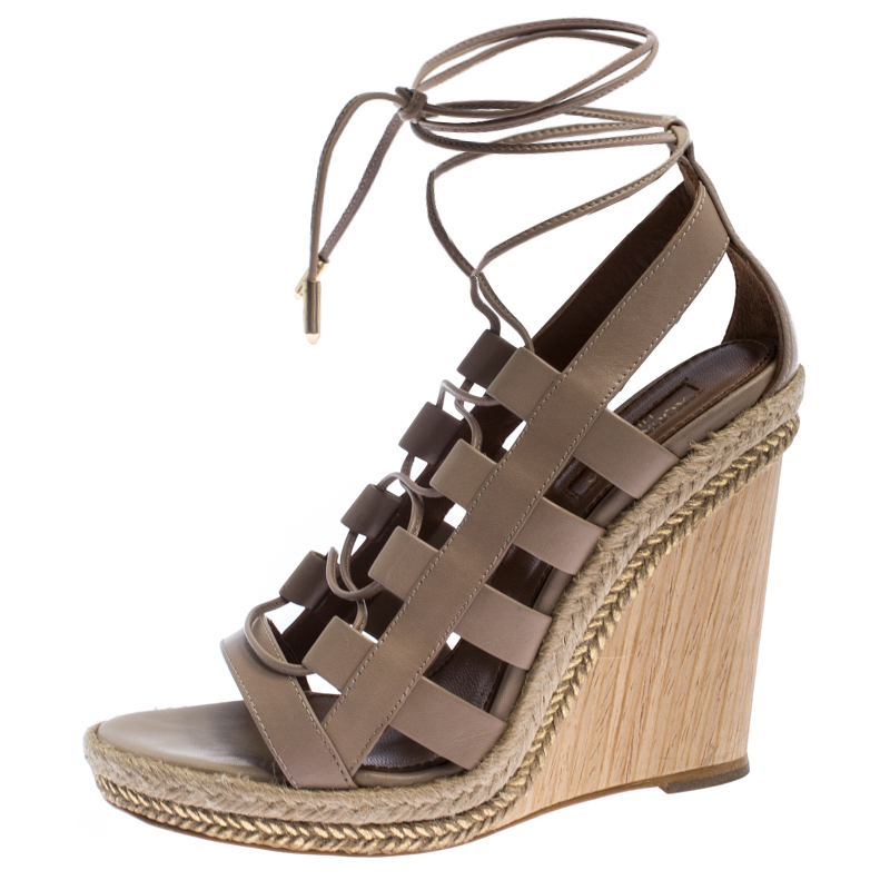 

Aquazzura Beige Leather Lace Up Amazon Wedge Sandals Size