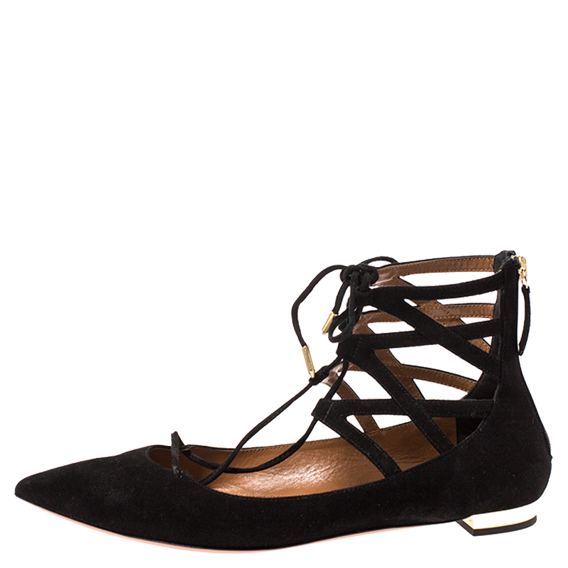 

Aquazzura Black Suede Belgravia Ankle Wrap Flats Size