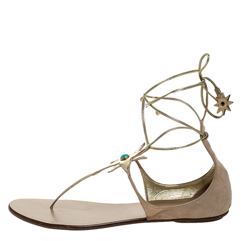 

Aquazzura Beige Suede And Metallic Gold Leather Poppy Delevingne Midnight Thong Flats Size