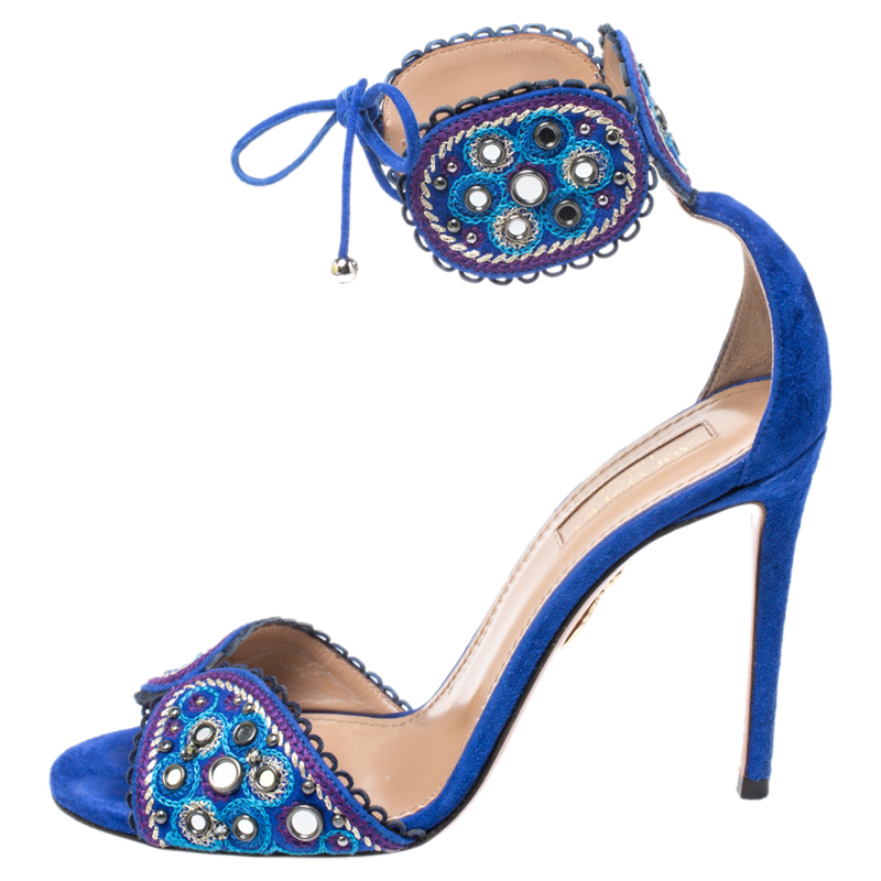 

Aquazzura Blue Suede Embellished Jaipur 105 Ankle Wrap Sandals Size 36