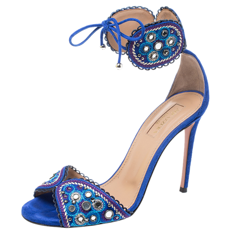 Aquazzura Blue Suede Embellished Jaipur 105 Ankle Wrap Sandals Size 36 Aquazzura Tlc