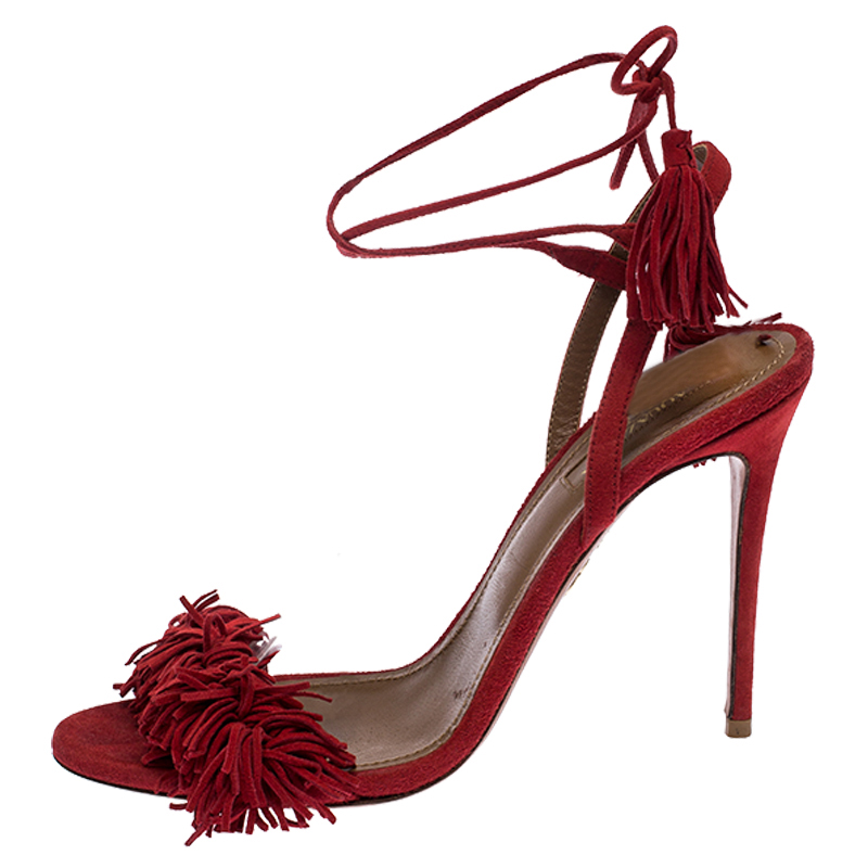

Aquazzura Red Suede Wild Thing Ankle Wrap Sandals Size