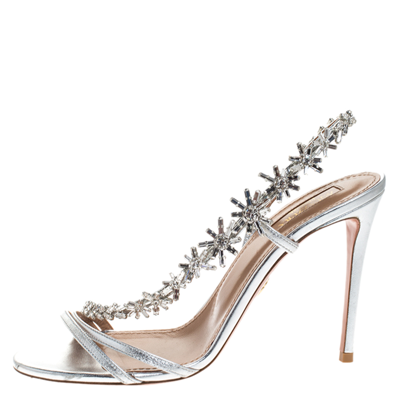 

Aquazurra Metallic Silver Leather Crystal Embellished Chateau Slingback Sandals Size
