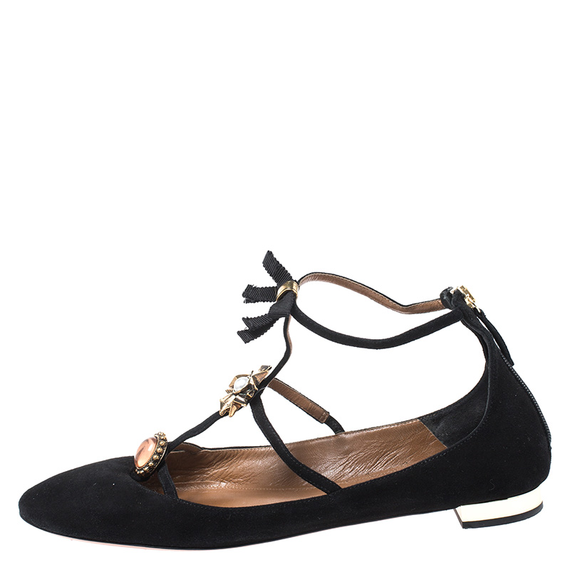 

Aquazzura Black Suede Pandora Embellished Ballet Flats Size