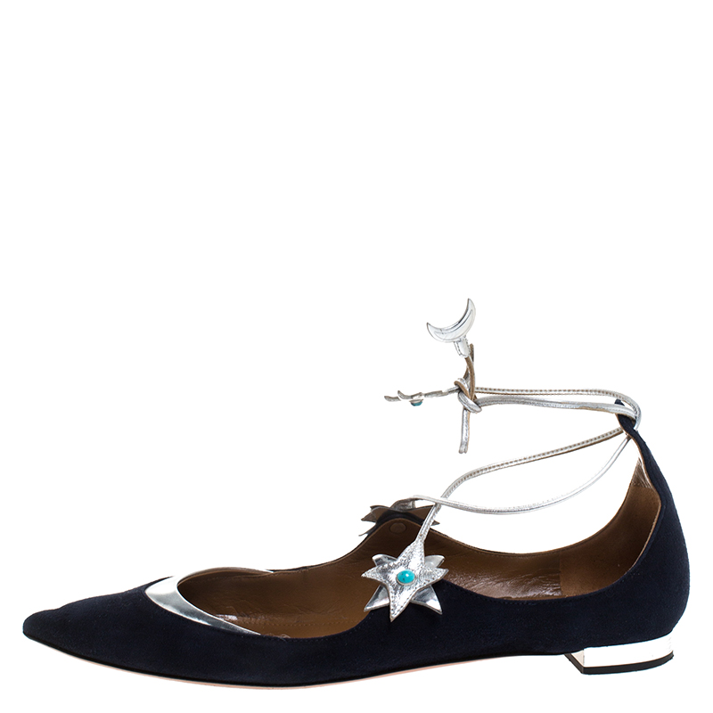 

Aquazzura Blue/Silver Suede And Leather Poppy Delevingne Pointed Toe Ankle Wrap Flats Size