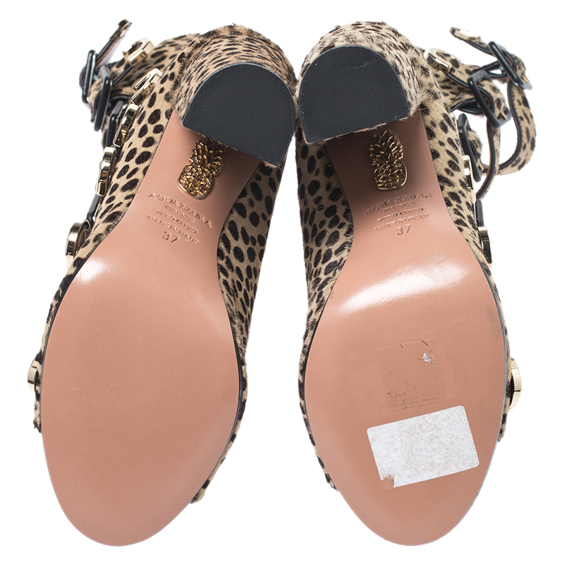 Aquazzura Leopard Print Pony Hair Tutto Buckle Zip Up Open Toe Sandals Size 37 In Brown