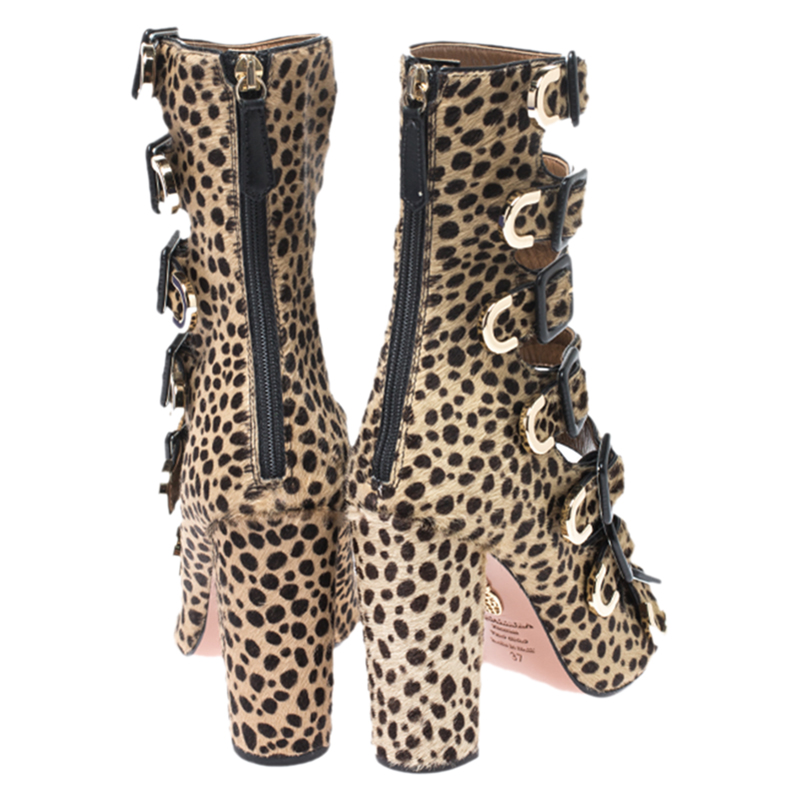 Aquazzura Leopard Print Pony Hair Tutto Buckle Zip Up Open Toe Sandals Size 37 In Brown