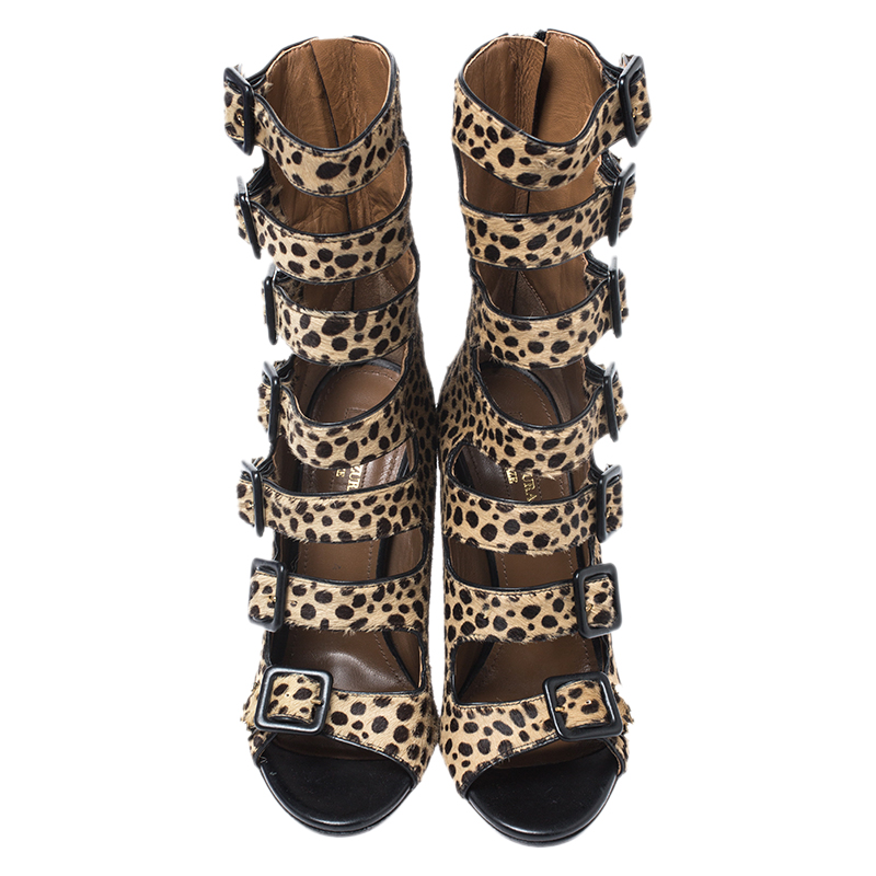 Aquazzura Leopard Print Pony Hair Tutto Buckle Zip Up Open Toe Sandals Size 37 In Brown