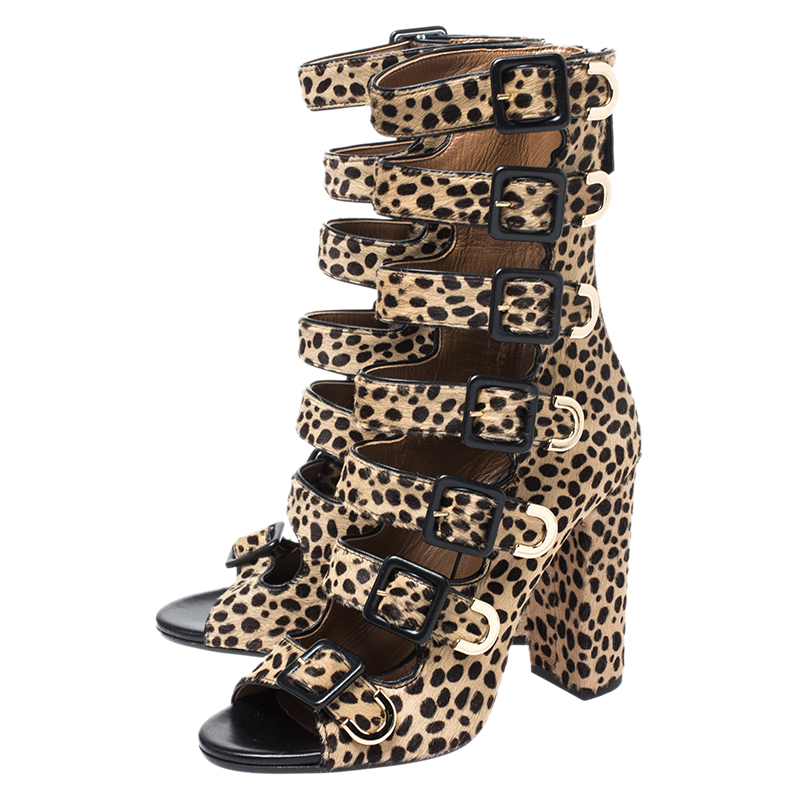Aquazzura Leopard Print Pony Hair Tutto Buckle Zip Up Open Toe Sandals Size 37 In Brown