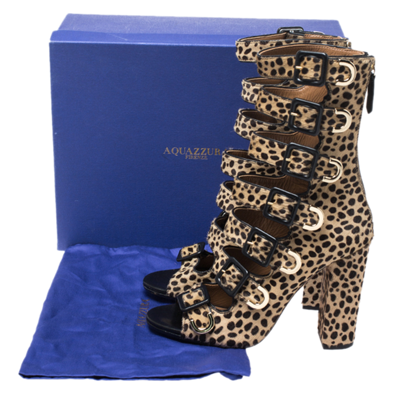 Aquazzura Leopard Print Pony Hair Tutto Buckle Zip Up Open Toe Sandals Size 37 In Brown