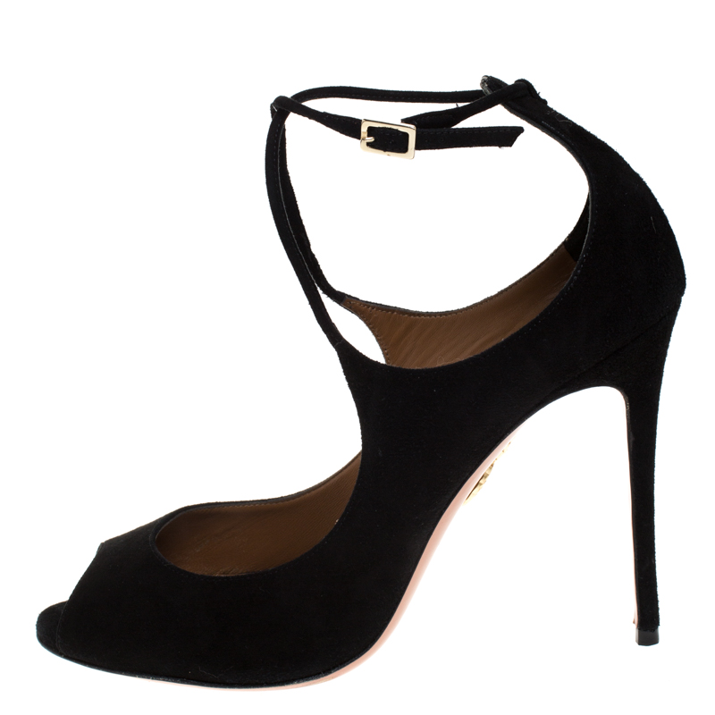 

Aquazzura Black Suede Peep Toe Ankle Tie Sandals Size