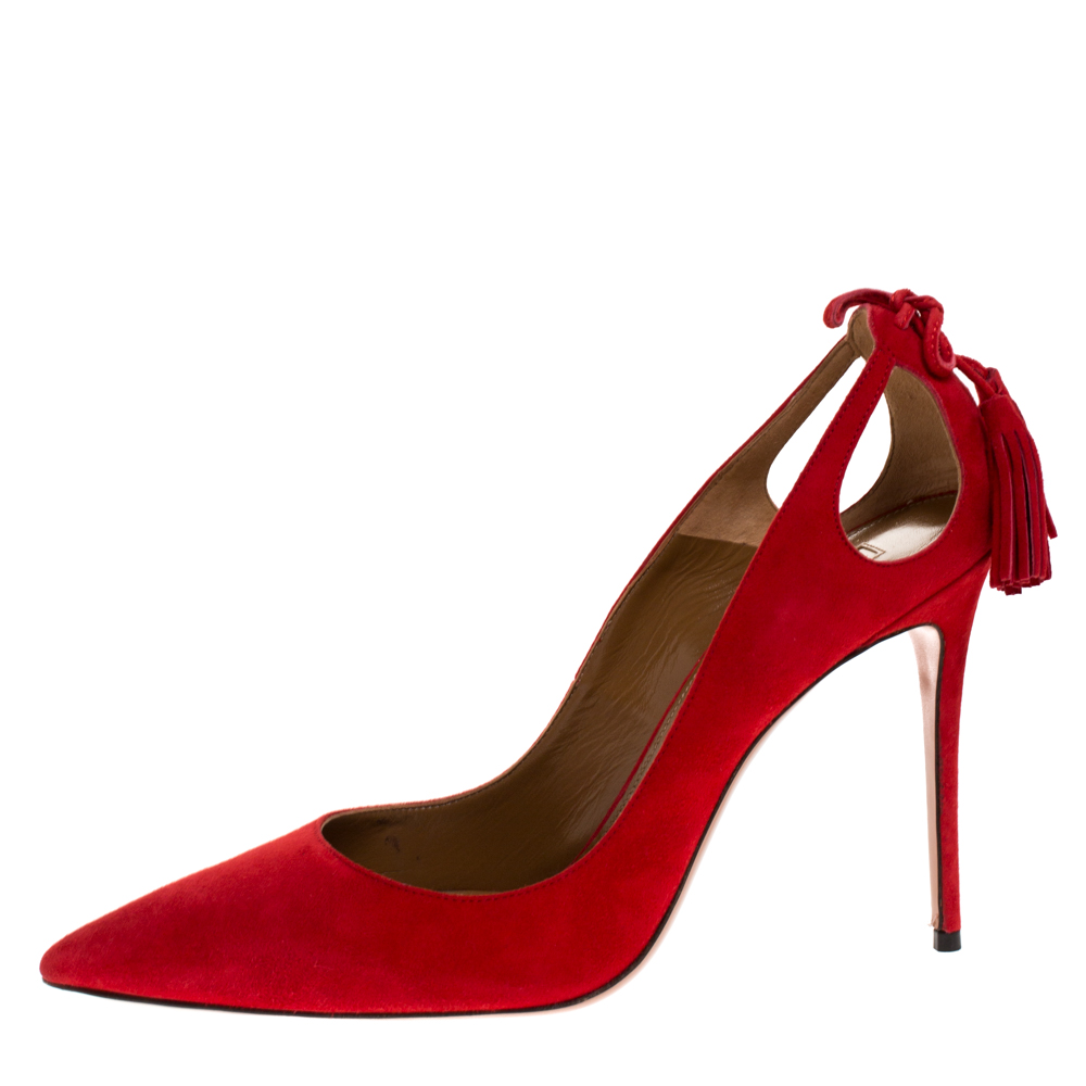 

Aquazzura Red Suede Leather Forever Marilyn 85 Cut Out Tassel Detail Pointed Toe Pumps Size