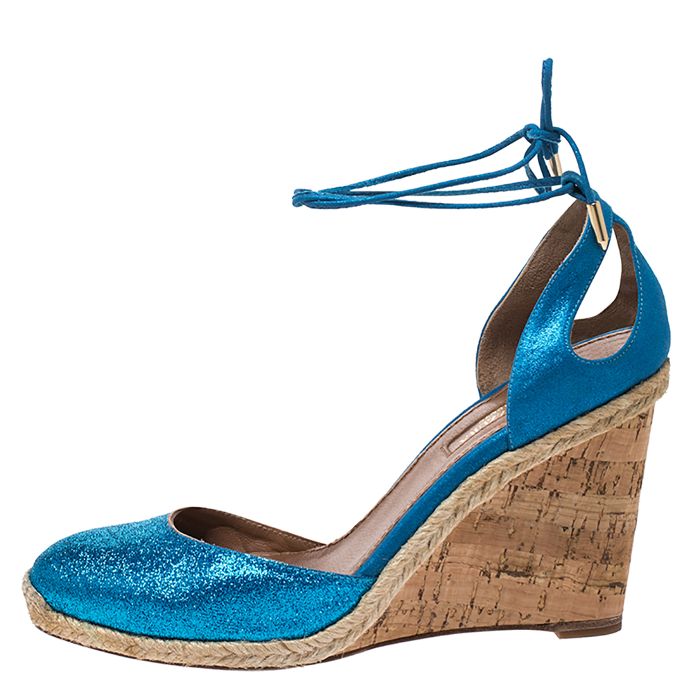 

Aquazzura Blue Glitter Fabric And Leather Palm Beach Ankle Tie Cork Wedge Sandals Size