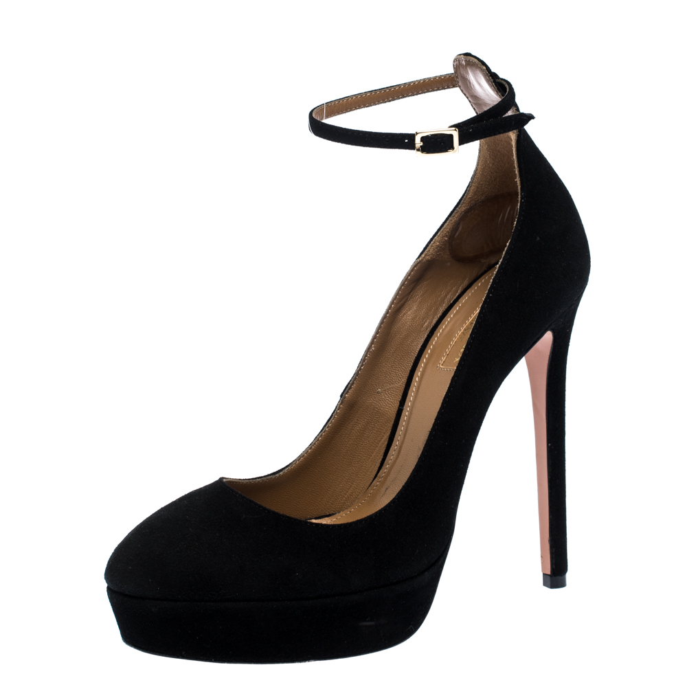Click to view more detailed imagery on our partner's website Aquazzura Black Suede Leather Taylor Plateau Platform Ankle Strap Pumps Size 38