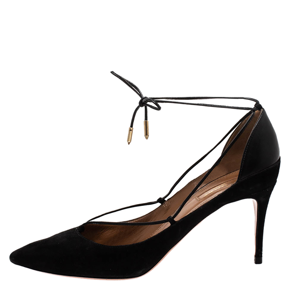 

Aquazzura Black Suede Leather Ankle Wrap Pointed Toe Pumps Size