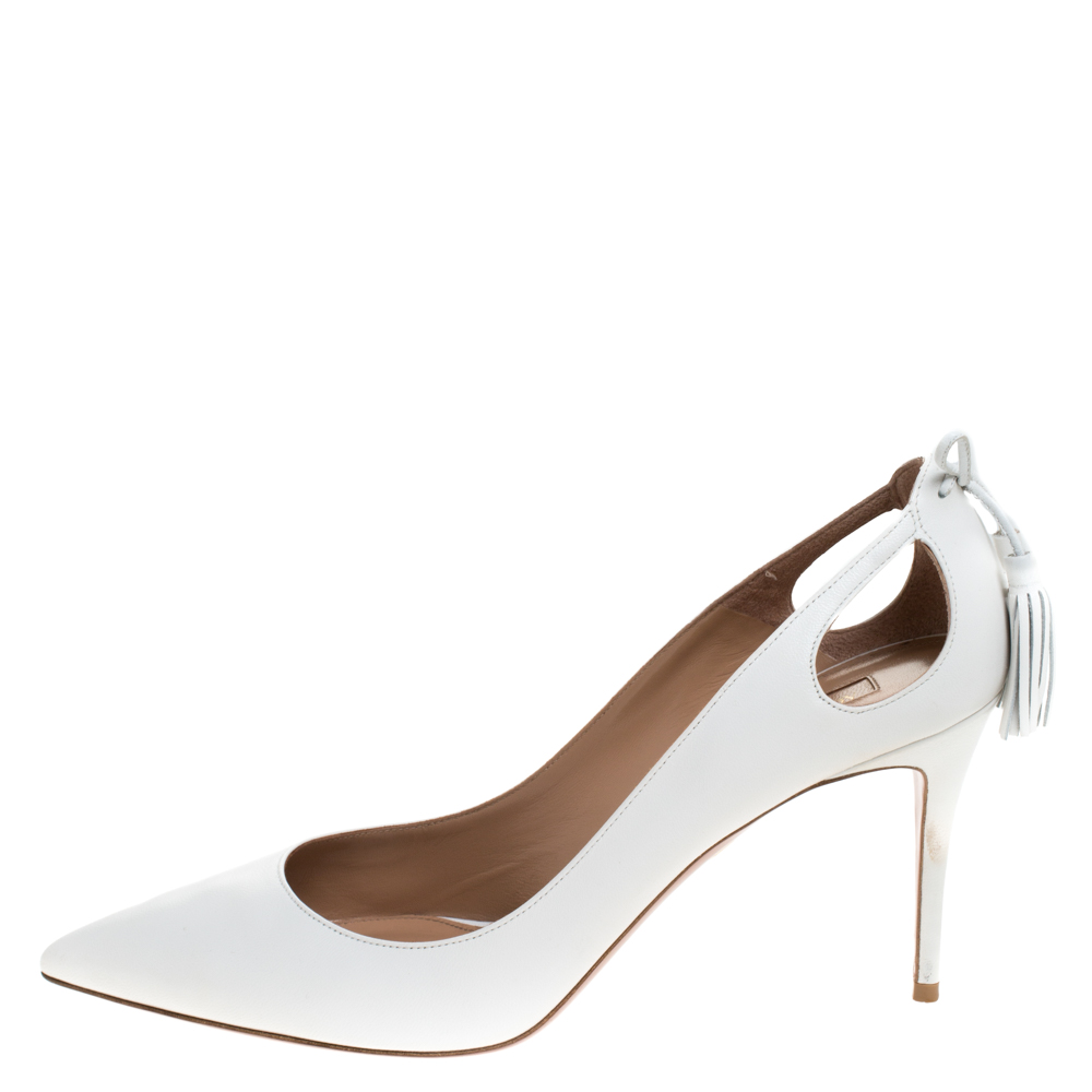 

Aquazzura White Leather Forever Marilyn 85 Cut Out Tassel Detail Pointed Toe Pumps Size