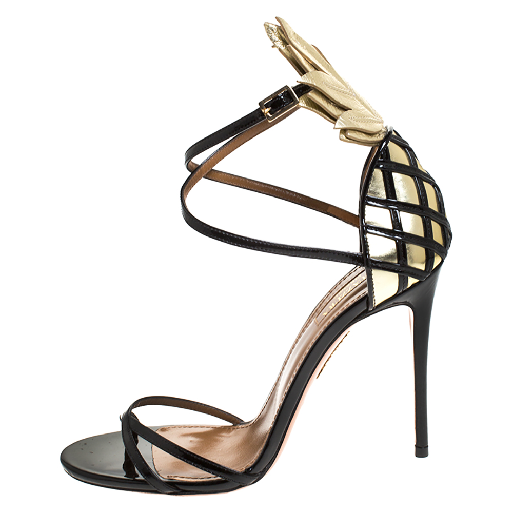 

Aquazzura Black/Gold Patent And Leather Pina Colada Ankle Strap Sandals Size