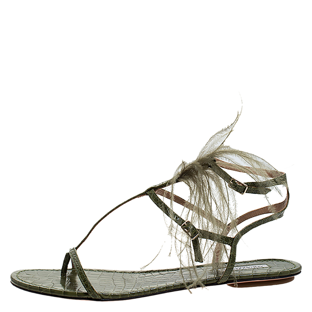 

Aquazzura Green Croc Embossed Leather Feather Ponza Ankle Strap Flat Sandals Size