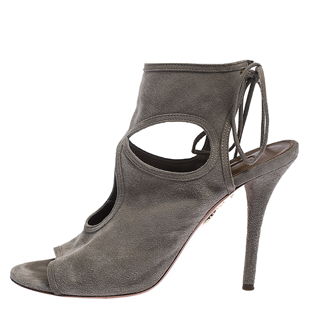 

Aquazzura Grey Suede Leather Cutout Ankle Wrap Open Toe Sandals Size