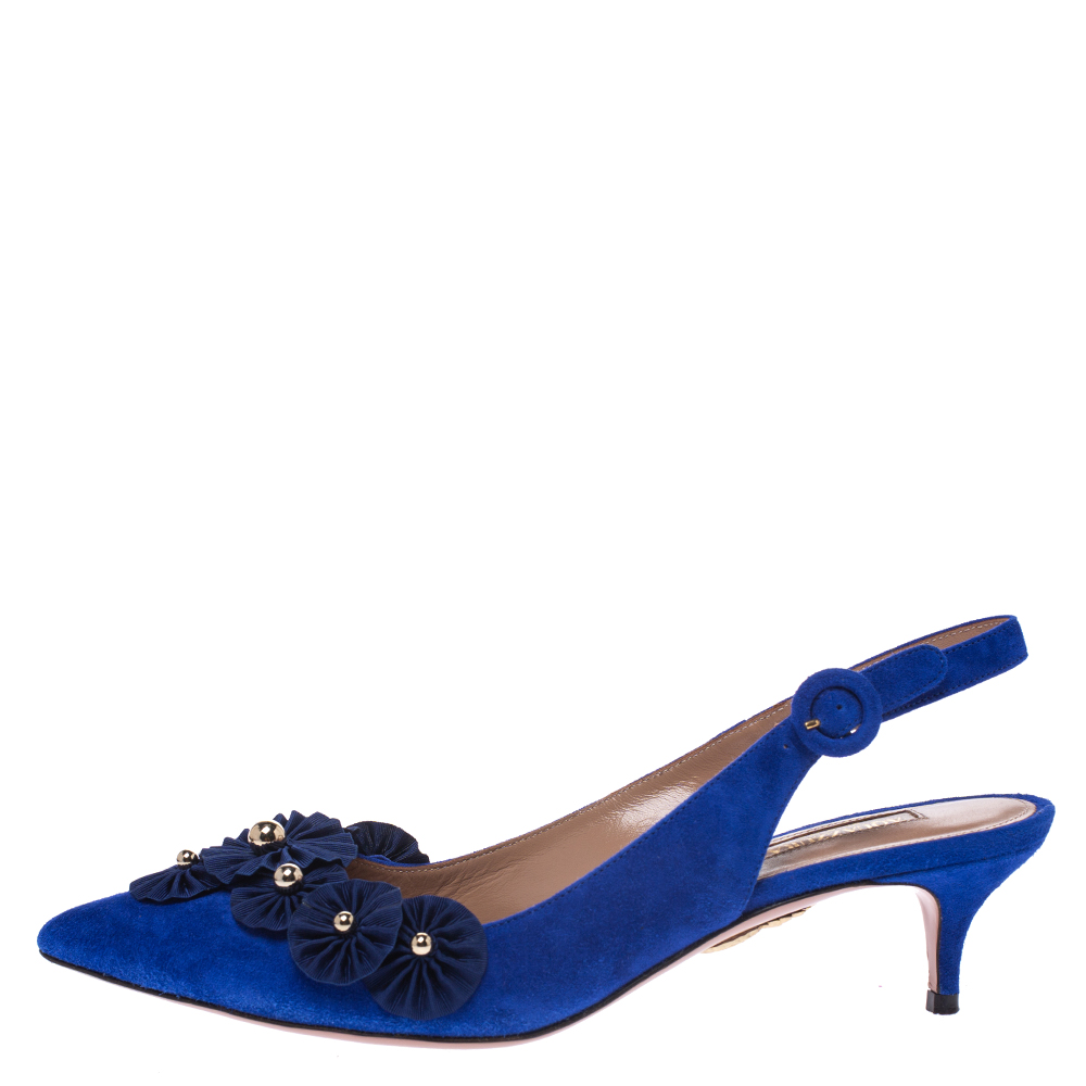 

Aquazzura Blue Suede Embellished Exotic Pointed Toe Sandals Size