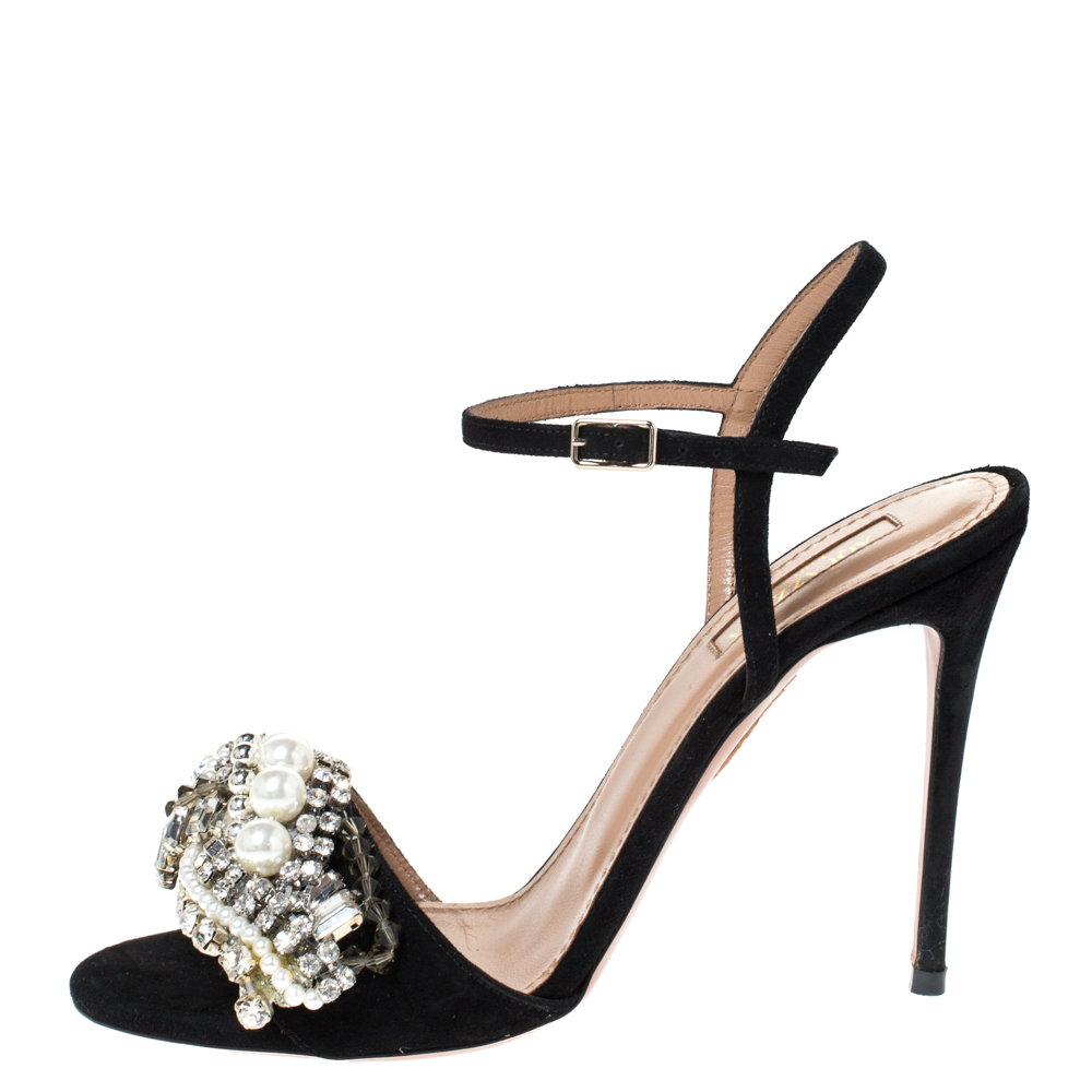 

Aquazzura Black Suede Leather Crystal Embellished Ankle Strap Sandals Size