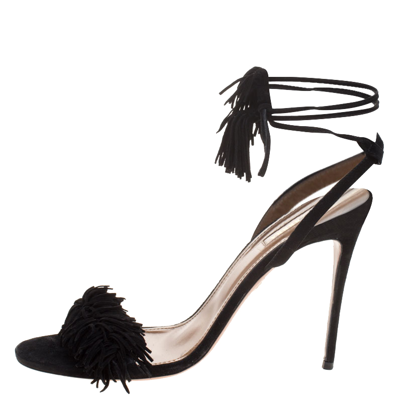 

Aquazzura Black Suede Wild Thing Ankle Wrap Sandals Size