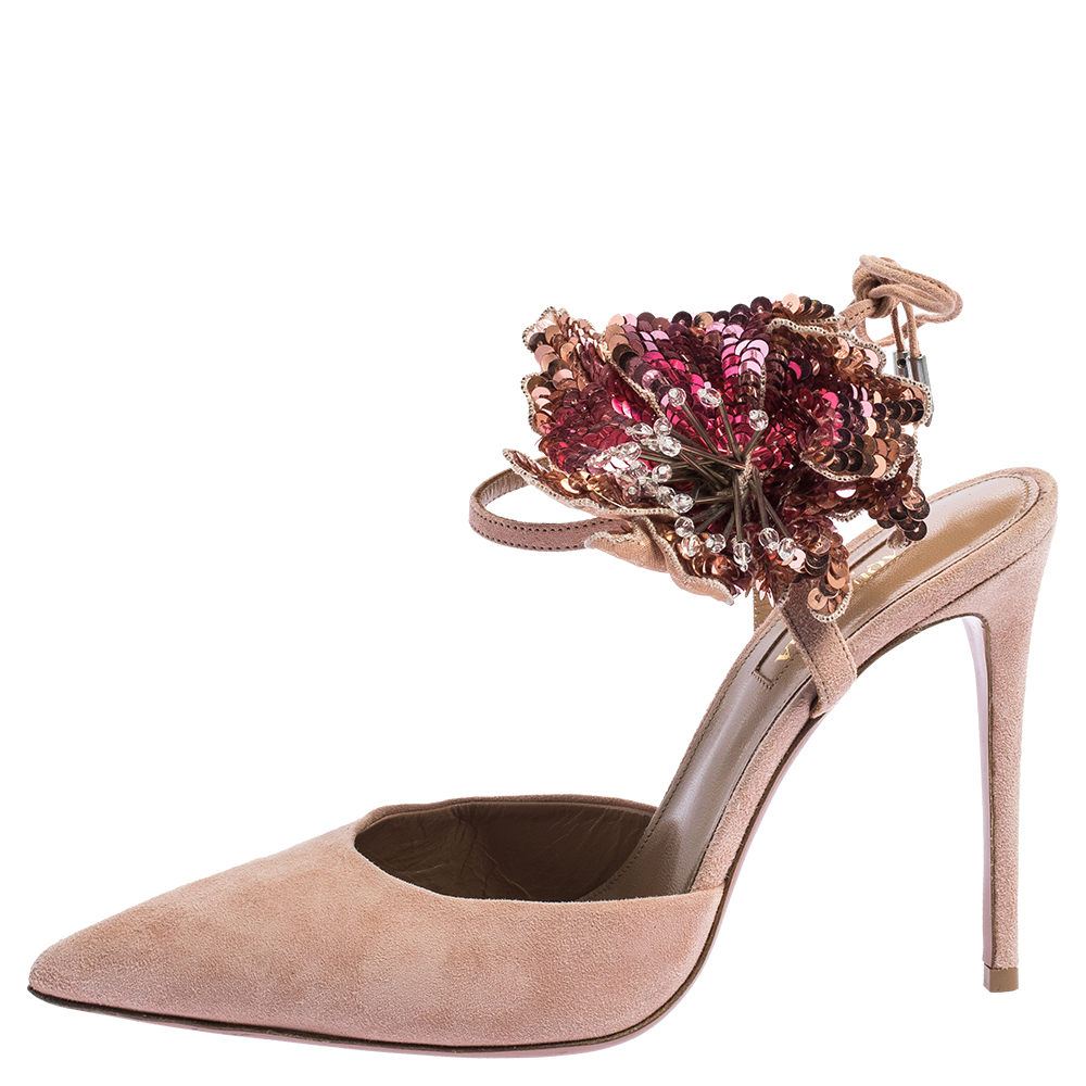 

Aquazzura Beige Suede Disco Flower Embellished Ankle Tie Sandals Size
