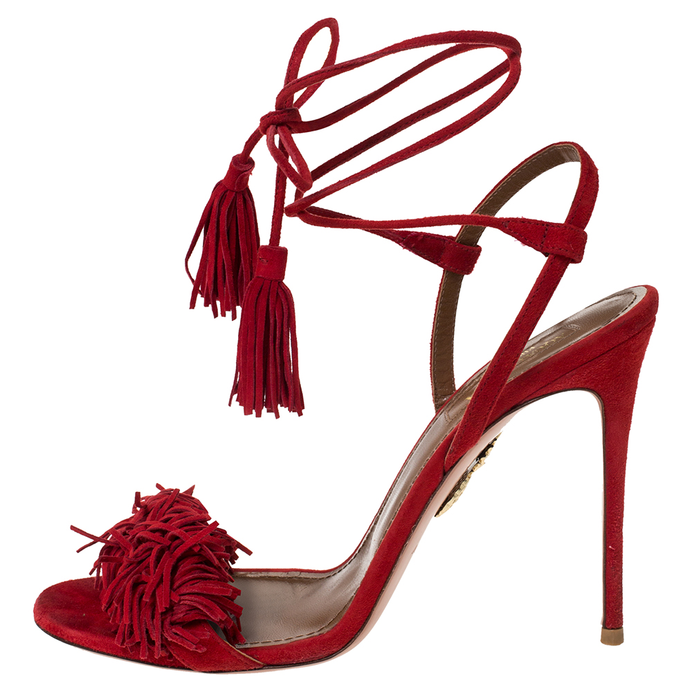 

Aquazzura Red Suede Leather Wild Thing Fringe Details Ankle Wrap Sandals Size