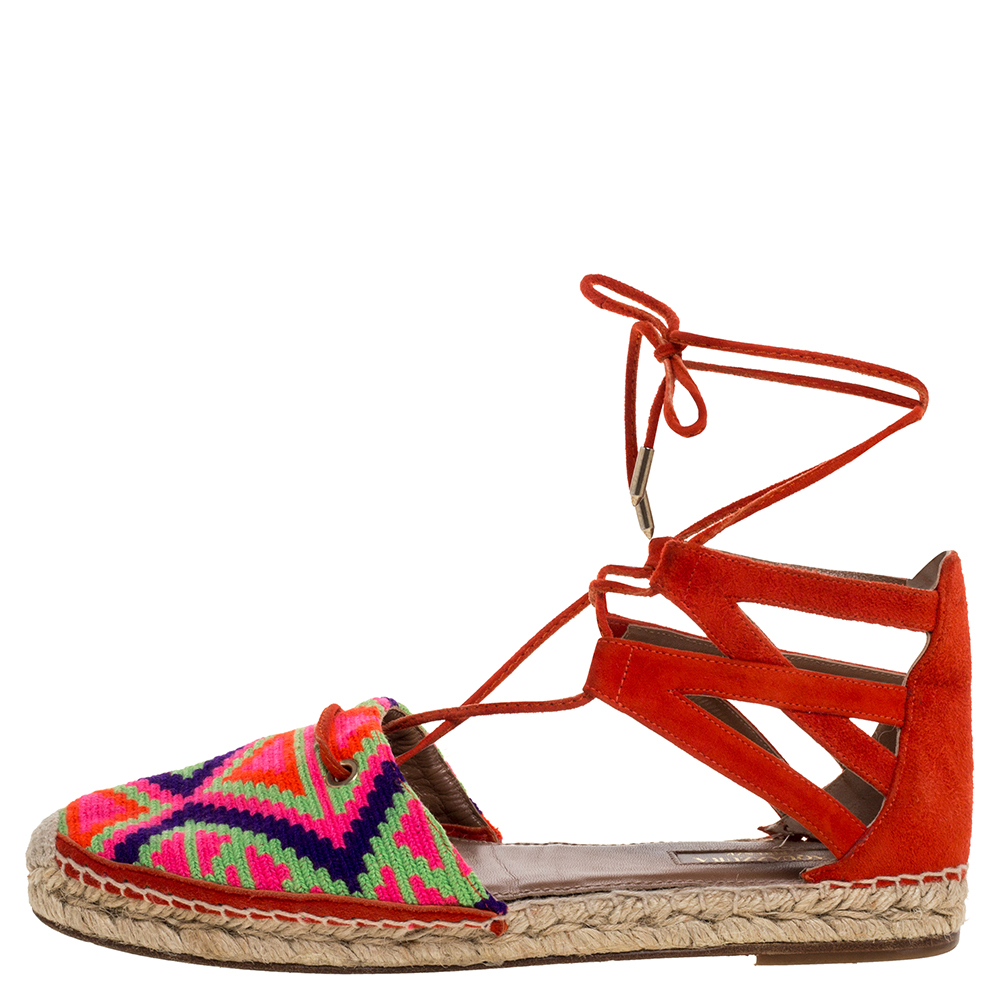 

Aquazzura Multicolor Woven Fabric And Suede Belgravia Lace Up Espadrille Flat Sandals Size