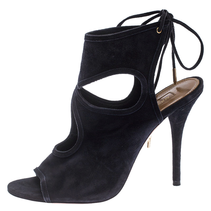 

Aquazzura Black Suede Leather Sexy Thing Ankle Wrap Sandals Size
