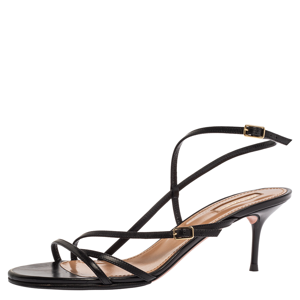 

Aquazzura Black Leather Open Toe Ankle Strap Sandals Size
