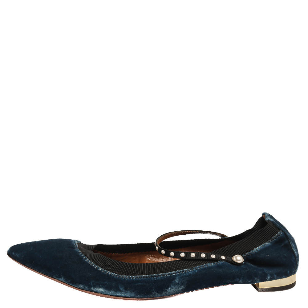 

Aquazzura Blue Velvet Nolita Studded Mary Jane Ballet Flats Size